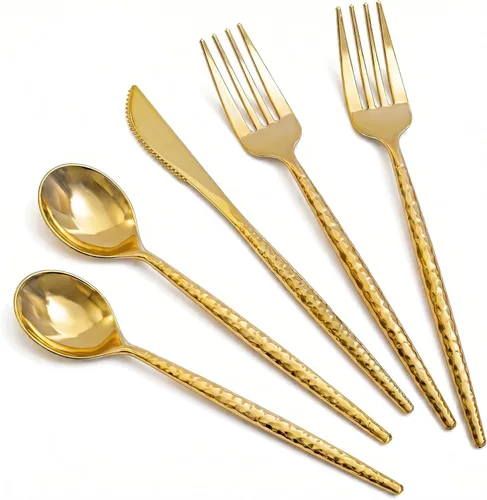 Miniatura 10 de MirthMood - 36 cubiertos de plástico dorados, cubiertos dorados desechables, utensilios desechables resistentes, juego de cubiertos de plástico