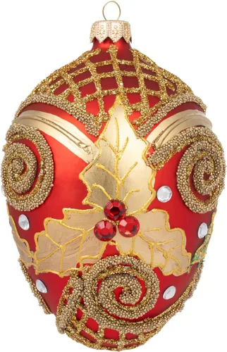 Huevo Fabergé rojo de 5 pulgadas de vidrio soplado para árbol de Navidad con adornos de hojas de muérdago dorado Polish Gallery Rojo mate