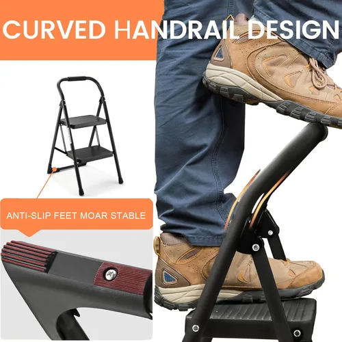 Miniatura 5 de Taburete para Adultos, Escalera de 2 Escalones Plegable 330lbs Antideslizante, Taburete Plegable Ergonómico de 2 Escalones de Acero con Pedal Ancho