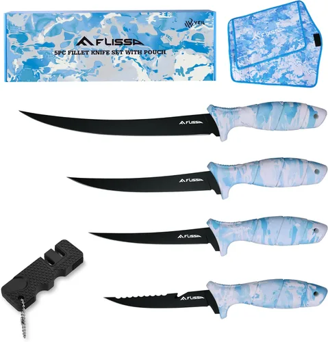 Miniatura 10 de FLISSA Juego de cuchillos de filete, cuchillo deshuesador y cuchillos de cebo con afilador, funda protectora, clip para cinturón, mango