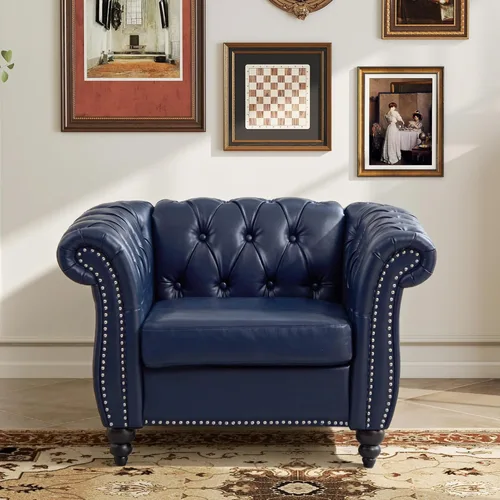 Miniatura 12 de LEVNARY Sillón tapizado de cuero, moderno sofá individual de mediados de siglo con brazos enrollados y cabeza de clavo, silla Chesterfield de piel