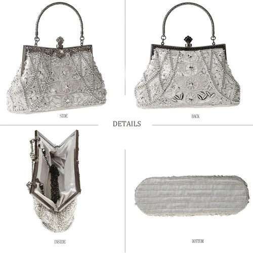 Miniatura 5 de Bolso de mano de estilo vintage con cuentas florales y strass para mujer, con bordado de lentejuelas, bandolera para novia, boda, fiesta