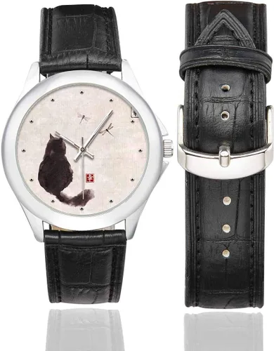 Miniatura 2 de InterestPrint Funny Cat - Reloj clásico de acero inoxidable con correa de cuero para mujer, color negro