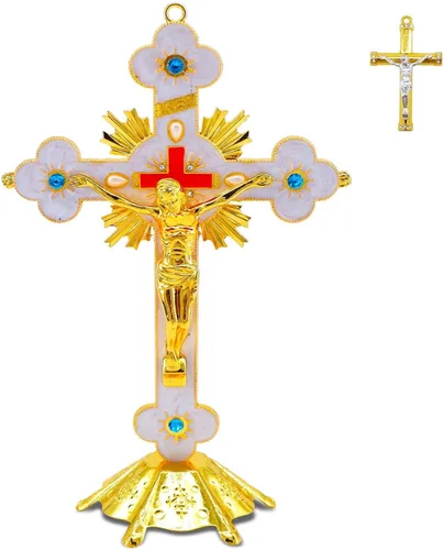 Miniatura 7 de rnuie Cruz de mesa de altar de Jesús, decoración de pared de crucifijo religioso con soporte, adorno cristiano de metal montado en la pared