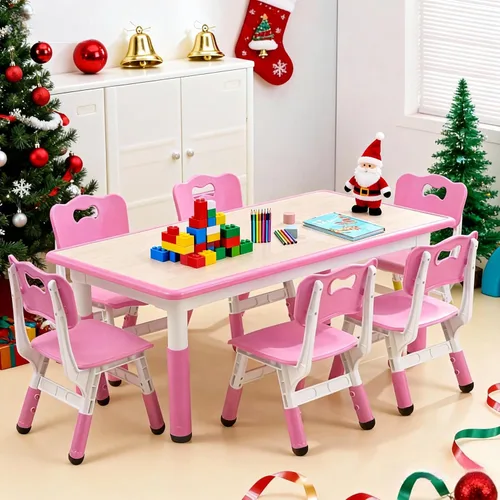 Miniatura 13 de Moderno juego de mesa y 6 sillas para niños, mesa ajustable en altura de 47.20" para niños pequeños y conjunto de 6 sillas con patas de escritorio