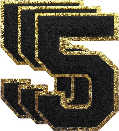 Miniatura 114 de 3 parches de números de chenilla negra, tamaño grande de 4-1/2" parches de números para planchar, parches universitarios para ropa, 8" Borde oro rosa