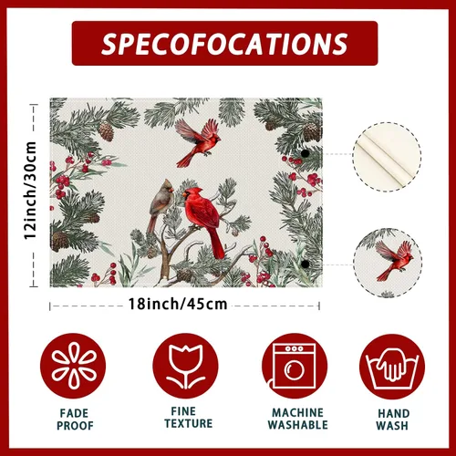 Miniatura 5 de Juego de 6 manteles individuales XCHI con pájaros cardenales, árbol de pino de invierno, Navidad, decoración de mesa para fiesta, hogar, cocina