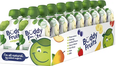 Buddy Fruits & Veggies Snacks To Go Pear Espinacas Puré de manzana sin azúcar Bolsa de 3.2 oz (18 unidades) Gluten-Nut-Conservantes lácteos-Libre de