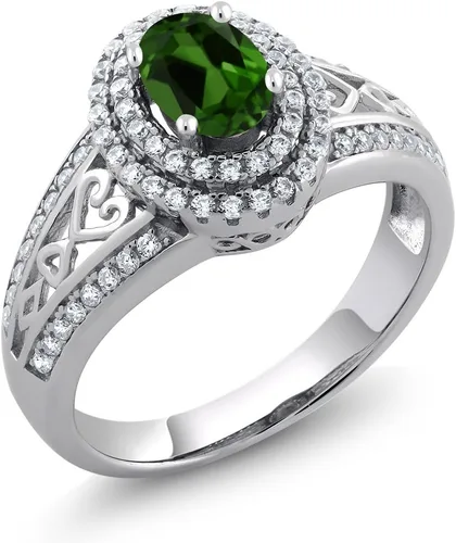 Miniatura 65 de Anillo de compromiso con halo de piedra preciosa y piedra natal en plata chapada en oro amarillo de 18 quilates, ovalado, 0.236 x 0.157 pulgadas