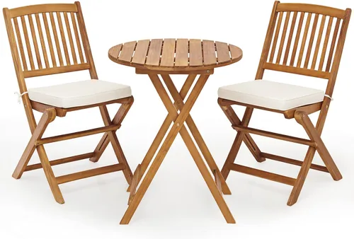 Miniatura 8 de Juego de 3 piezas de bistró para patio, juego de bistró plegable de madera de acacia con mesa de centro redonda y cojín acolchado, juego de mesa
