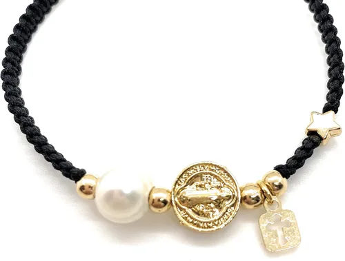 Miniatura 4 de Alea Collection Medalla protectora de San Benito con dijes sagrados de cuerda negra ajustable para mujer, Cuerda de algodón de lino, dije chapado