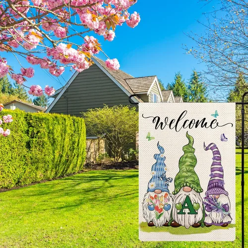 Miniatura 7 de Bandera de jardín con monograma de flores de gnomos de primavera, bandera de gnomo floral con letra inicial, bandera de bienvenida de primavera