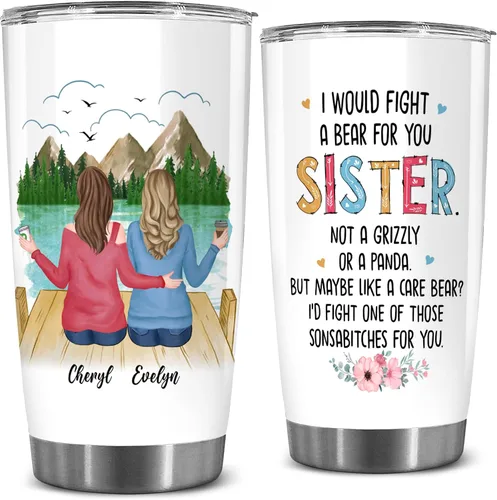 Miniatura 17 de WHIDOBE Vaso personalizado para hermana (2 mujeres) personalizado de 20 onzas con avatar, nombre – Taza de viaje para mejor amiga, regalo de amistad