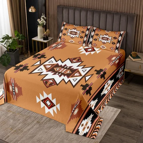 Miniatura 16 de Erosebridal Juego de colcha étnica tribal con flechas geométricas aztecas, acolchado occidental, tribu africana, exótico, atrapasueños, plumas