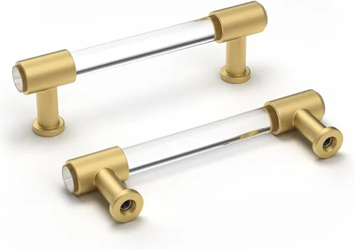 Miniatura 10 de Goldenwarm Paquete de 10 Pomos Dorados para Gabinete de Acrílico, Pomos para Cajones Decorativos de Acrílico Transparente en Forma de T, Herrajes