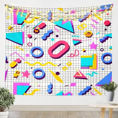 Miniatura 10 de Tapiz retro de los años 80 y 90, tamaño pequeño de 51 x 59, tapices geométricos abstractos urbanos modernos y colgantes de pared triangulares, arte
