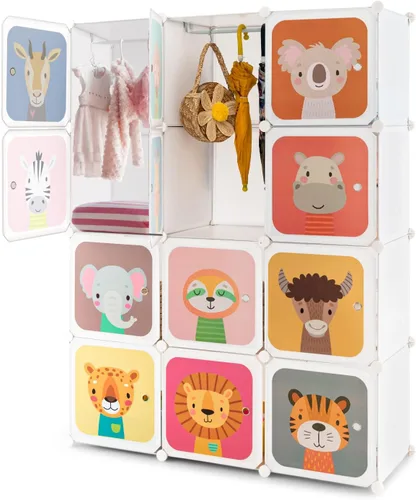 Miniatura 10 de Costzon Armario para Niños, Organizador de Almacenamiento Modular de Tocador de Dibujos Animados DIY con 12 Cubos y 2 Percheros para Colgar Ropa