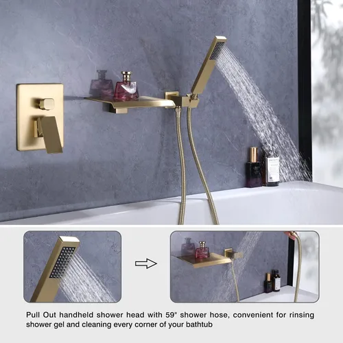 Miniatura 8 de Taplong Grifo de bañera de montaje en pared con boquilla de cascada, juego de grifo de bañera montado en la pared con rociador de mano dorado