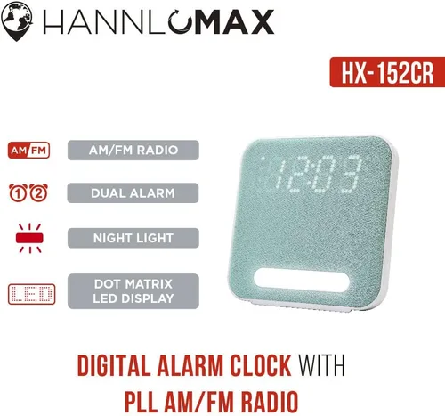 Miniatura 4 de HANNLOMAX Radio despertador HX-152CR, radio PLL AM/FM, reloj digital con alarma dual, luz nocturna. (verde)