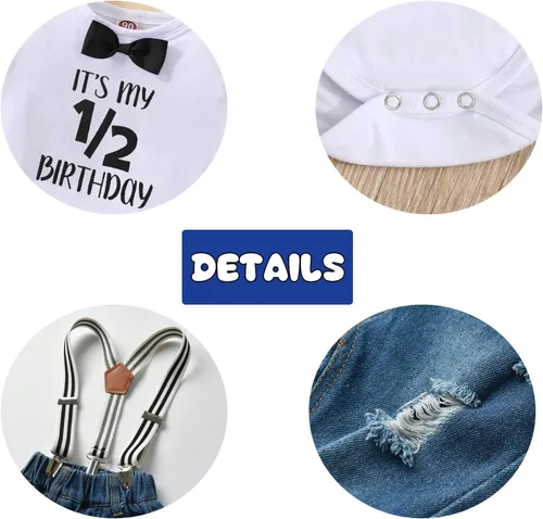 Miniatura 55 de Conjunto de ropa de cumpleaños para bebé niño pequeño, con tirantes, pantalones de mezclilla rasgados
