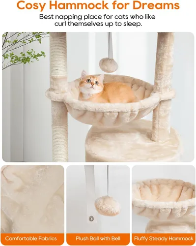 Miniatura 3 de SYANDLVY Árbol pequeño para gatos de interior, condominio para gatitos con poste rascador y tabla, torre de actividades moderna con cuna, beige