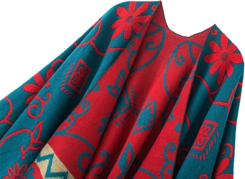 Miniatura 2 de Poncho con flecos, con estampado vintage, estilo retro, a la moda, para mujer. Capa, chal.