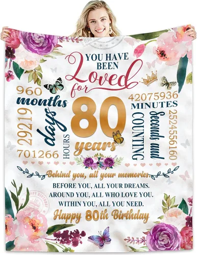 Manta de Regalo de Cumpleaños 80 para Mujeres 50*60, Ideas de Regalo de 80 Cumpleaños Feliz, Decoraciones de 80 Cumpleaños, Regalos para Mujeres que