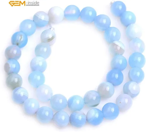 Miniatura 5 de GEM-Inside - Cuentas redondas de ágata de ónix azul claro natural de 0.394 pulgadas (0.394 in) con agujero grande para hacer joyas, suministros
