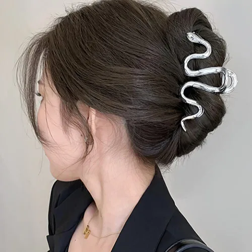 Miniatura 2 de AIUPUOC Accesorios grandes de metal plateado de serpiente: pinzas para el pelo gruesas elegantes, pasadores, horquillas de plátano para mujeres