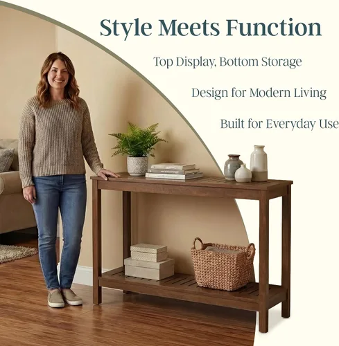 Miniatura 7 de DTY Outdoor Living Mesa consola de madera de eucalipto, dos estantes para exteriores, acabado marrón resistente a la intemperie