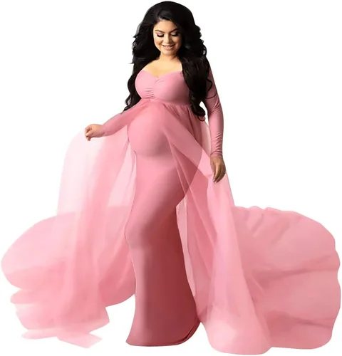 Vestido de maternidad de manga larga con hombros descubiertos para mujer, vestido de tul para boda, sirena para sesión de fotos, baby shower