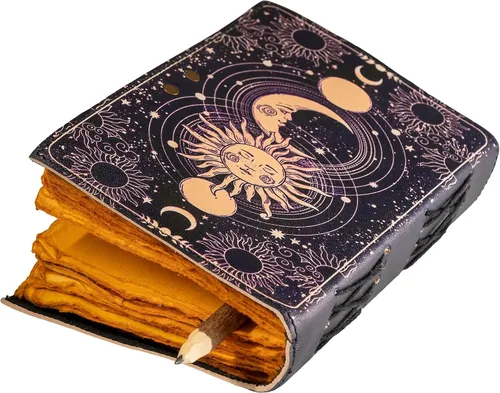 Miniatura 4 de Diario de cuero vintage hecho a mano con sol y luna para hombres y mujeres, antiguo hecho a mano con borde de cubierta vintage, cuaderno de bocetos
