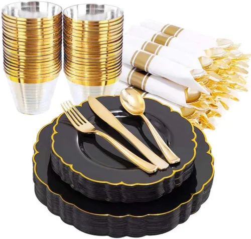 Miniatura 16 de Morejoy 175 platos de plástico rojo, platos desechables rojos con borde dorado, juego de vajilla de plástico rojo y dorado incluye: 50 platos, 25