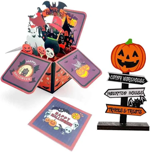 Tarjeta de caja desplegable de Halloween, 3D de casa encantada, fantasma, calabaza, tarjetas para fiesta de Halloween con sobres, etiqueta de notas