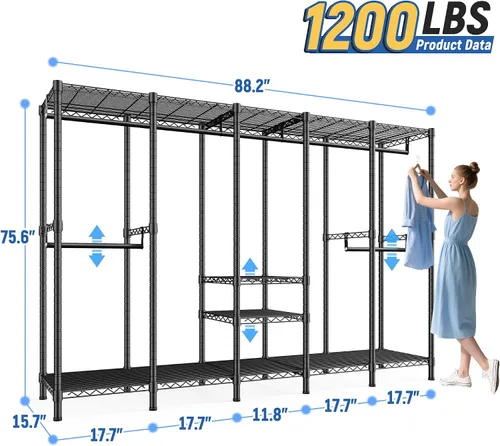 Miniatura 7 de Raybee Perchero de ropa resistente de 88.2 pulgadas de ancho, para colgar ropa, extra ancho, portátil, cargas de armario, 1200 libras, estante Negro
