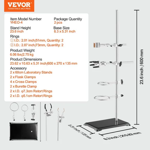 Miniatura 7 de VEVOR Juego de 2 soportes de soporte de laboratorio, soporte de laboratorio de acero con varilla de 23.6 pulgadas y base de hierro fundido de 8.3 x