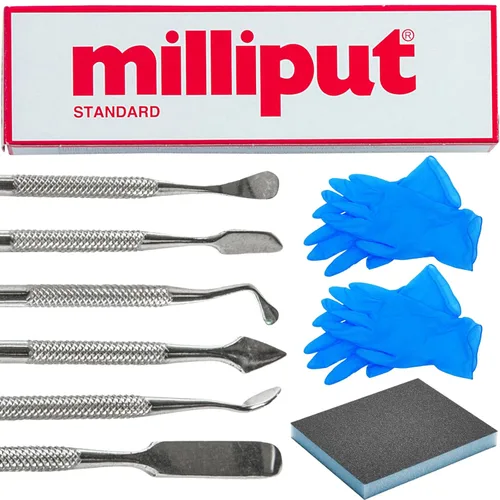 Milliput Masilla Epoxi Juego de 10 Piezas, Color Estándar - con Herramientas de Escultura, Almohadilla de Lijado y Guantes - Arcilla de Fontaneros