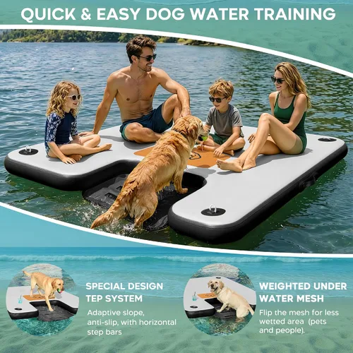 Miniatura 3 de AWEMUFA Muelle flotante inflable con rampa de 5 pies/6 pies/8 pies/10 pies, plataforma flotante flotante, tapete flotante de isla flotante, flotador