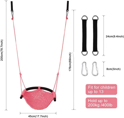 Miniatura 6 de JKsmart Asiento de columpio para niños de servicio pesado con cuerda de juego, juego de columpio seguro para niños, perfecto para interiores, Rosa