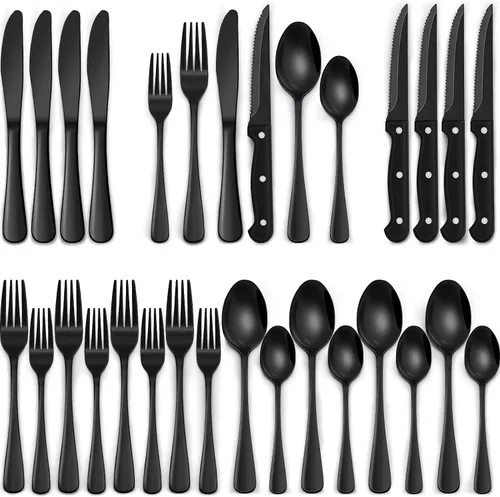 Miniatura 11 de EWFEN Juego de cubiertos negros de 24 piezas con cuchillos para carne, juego de cubiertos negros para 4, juego de cubiertos de acero inoxidable
