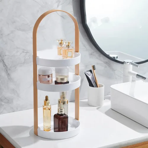 Miniatura 5 de Tocadiscos transparentes de 3 niveles, estante de almacenamiento redondo con mango integral, organizador de cosméticos de maquillaje, soporte