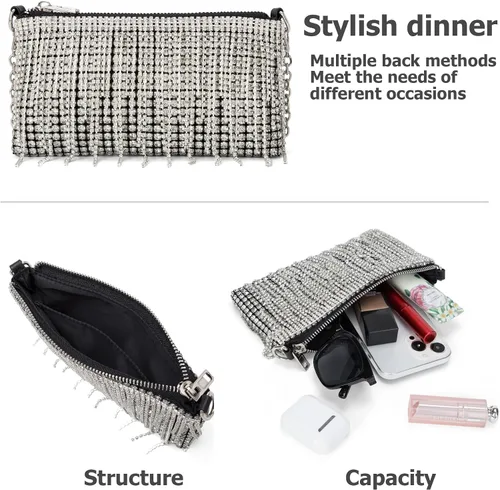 Miniatura 5 de Bolso cruzado de diamantes de imitación brillantes para mujer, con borla, cadena plateada, para fiesta de graduación de noche, fiesta