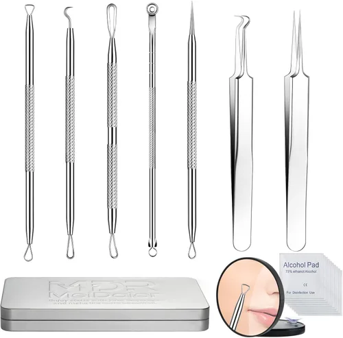 Miniatura 3 de Kit de eliminación de puntos negros, extractor de comedona de acné de acero inoxidable con lupa 10X y 20 almohadillas de alcohol al 75%, eliminación
