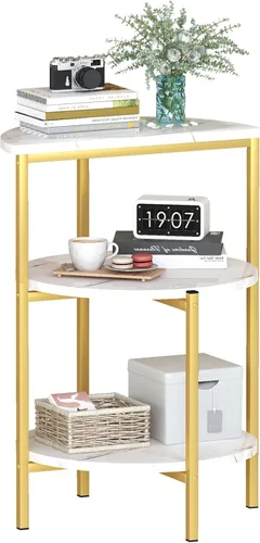 Miniatura 11 de Mesa auxiliar de mármol, mesa auxiliar de sofá de 3 niveles, mesa auxiliar redonda pequeña, mesa de noche, mesa de esquina con marco de metal