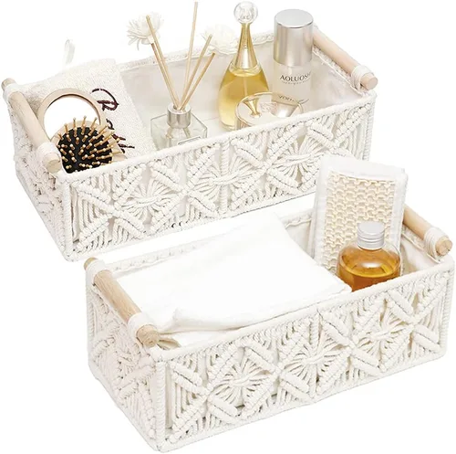 Miniatura 10 de Cesta de almacenamiento de macramé, canasta decorativa bohemia para organizar, cesta decorativa tejida para encimera, cesta de papel higiénico