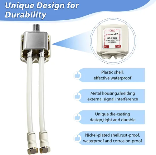 Miniatura 7 de Divisor de satélite de 5 a 2500 MHz, divisor CATV de 2 vías con cable coaxial RG6 y 2 conectores, para alimentación de paso a LNB, mejora la calidad