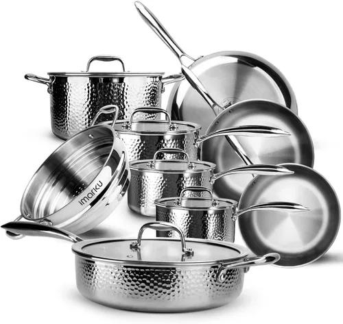 imarku Juego de ollas y sartenes, 14 piezas de utensilios de cocina de acero inoxidable revestido de tres capas con mango y tapas colgadas, se