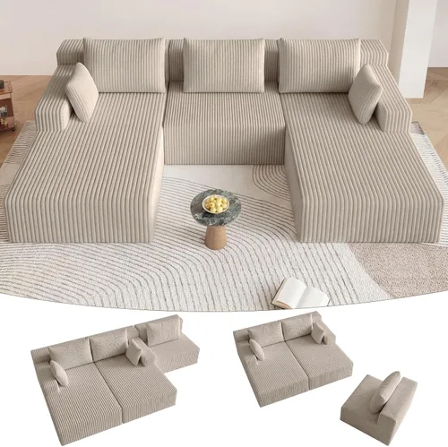 Miniatura 55 de Sofá modular de 95 pulgadas con otomana, moderno sofá nube de pana con asiento profundo, sofá sin hueso tapizado de 3 plazas en forma de U para sala