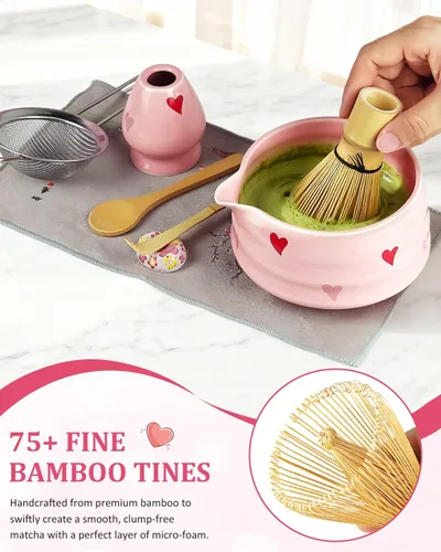 Miniatura 5 de Juego de batidor de matcha rosa con cuenco matcha, 8 piezas lindo juego de matcha, kit completo de fabricación de matcha, soporte para batidor