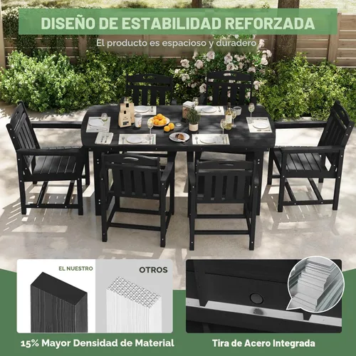 Miniatura 4 de HDPE - Juego de comedor al aire libre, mesa y sillas de patio, mesa exterior de 7 piezas y 6 sillas, agujero para sombrilla de 2 pulgadas, muebles